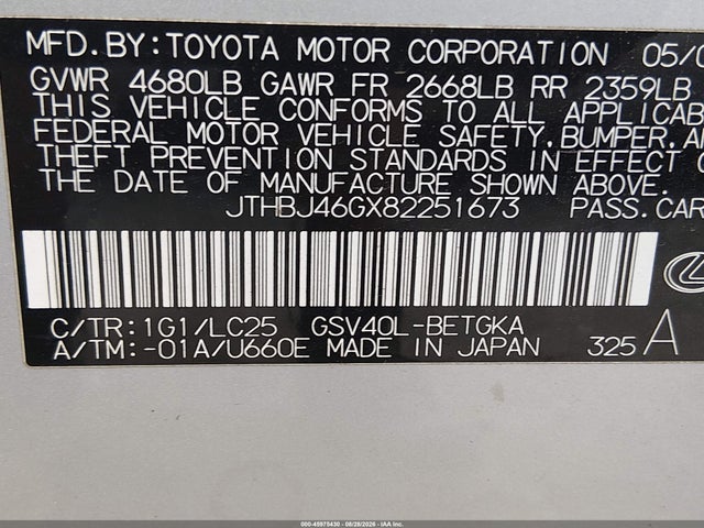 45975430 :رقم المزاد ، JTHBJ46GX82251673 vin ، 2008 Lexus Es 350 مزاد بيع