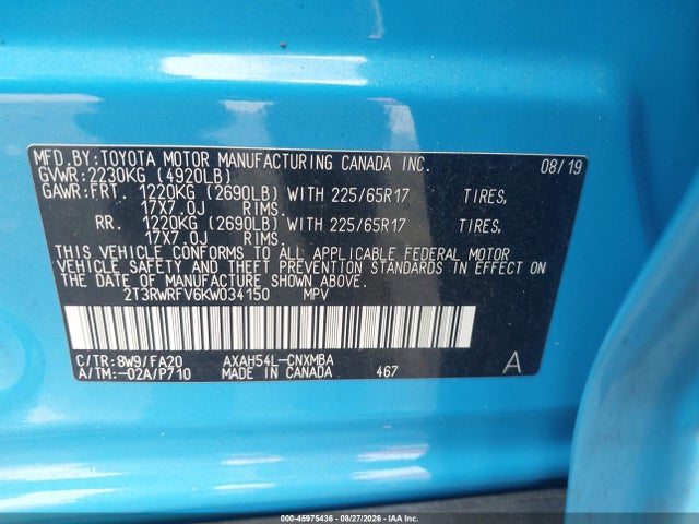 Aukcja sprzedaży 2019 Toyota Rav4 Hybrid Xle, vin: 2T3RWRFV6KW034150, numer aukcji: 45975436