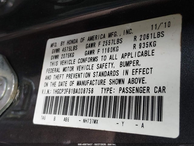 Aukcja sprzedaży 2011 Honda Accord 3.5 Ex-l, vin: 1HGCP3F81BA008758, numer aukcji: 45975437