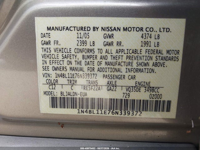 2006 Nissan Altima 3.5 Sl მანქანა იყიდება აუქციონზე, vin: 1N4BL11E76N339372, აუქციონის ნომერი: 45975452