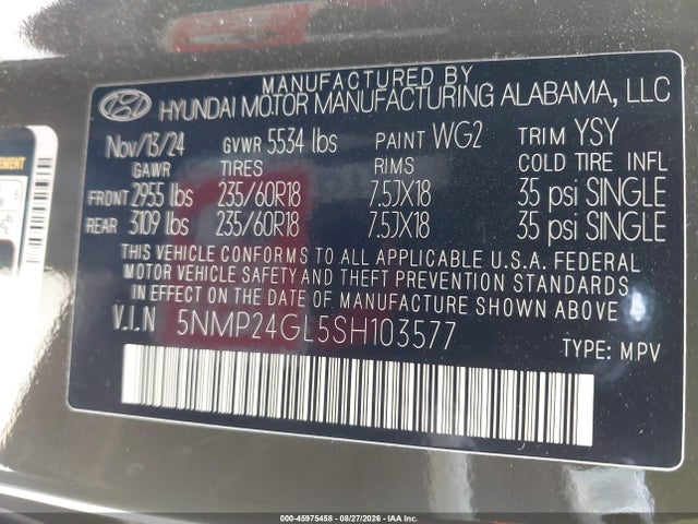 45975458 :رقم المزاد ، 5NMP24GL5SH103577 vin ، 2025 Hyundai Santa Fe Sel مزاد بيع