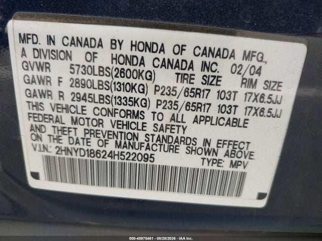 Aukcja sprzedaży 2004 Acura Mdx, vin: 2HNYD18624H522095, numer aukcji: 45975461