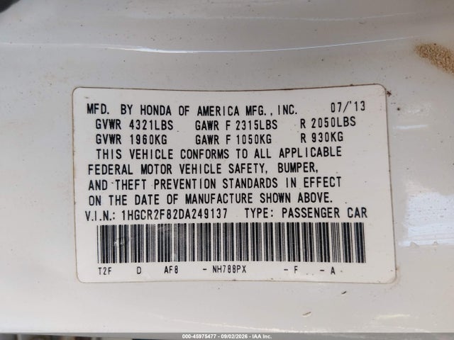 2013 Honda Accord Ex-l მანქანა იყიდება აუქციონზე, vin: 1HGCR2F82DA249137, აუქციონის ნომერი: 45975477