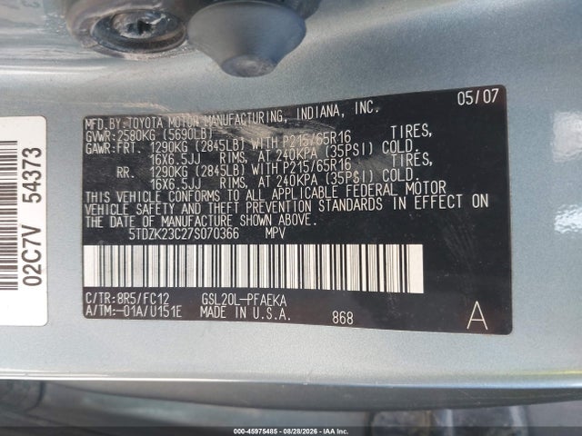 2007 Toyota Sienna Le მანქანა იყიდება აუქციონზე, vin: 5TDZK23C27S070366, აუქციონის ნომერი: 45975485