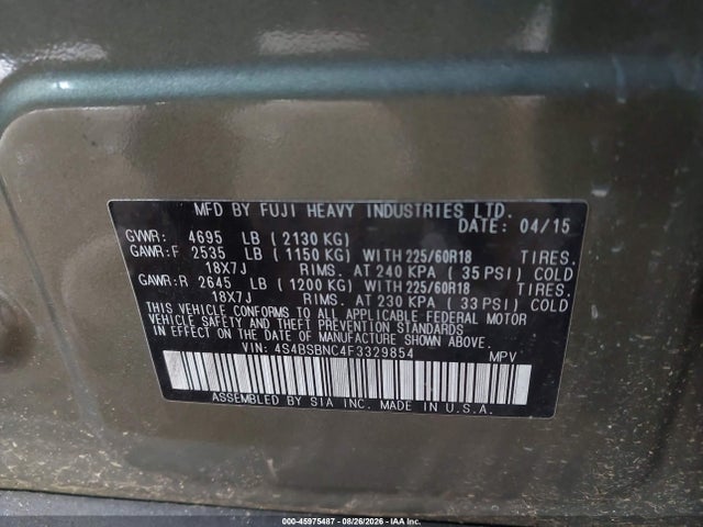 2015 Subaru Outback 2.5i Limited მანქანა იყიდება აუქციონზე, vin: 4S4BSBNC4F3329854, აუქციონის ნომერი: 45975487