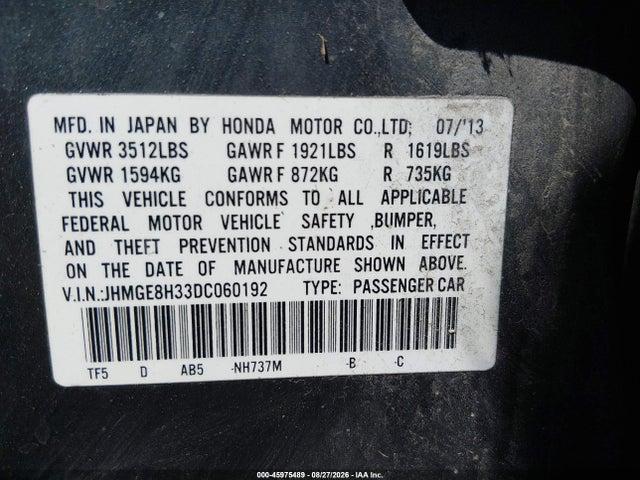 45975489 :رقم المزاد ، JHMGE8H33DC060192 vin ، 2013 Honda Fit مزاد بيع