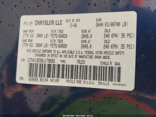 Aukcja sprzedaży 2008 Dodge Ram 1500 Slt, vin: 1D7HU18258J179683, numer aukcji: 45975504