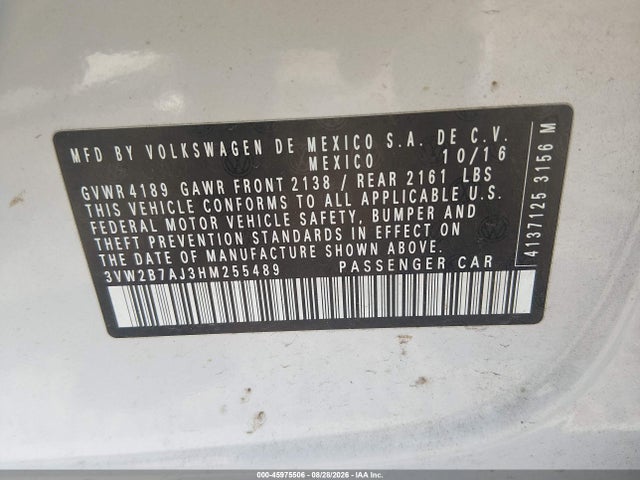 Aukcja sprzedaży 2017 Volkswagen Jetta 1.4t S, vin: 3VW2B7AJ3HM255489, numer aukcji: 45975506