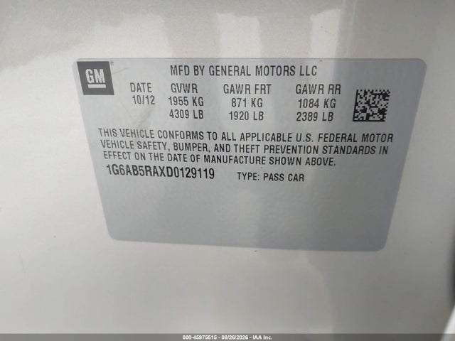 2013 Cadillac Ats Luxury მანქანა იყიდება აუქციონზე, vin: 1G6AB5RAXD0129119, აუქციონის ნომერი: 45975515