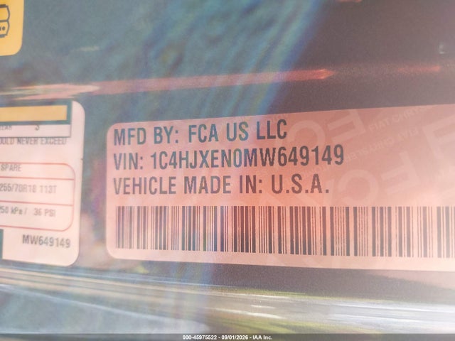 2021 Jeep Wrangler Unlimited Sahara Altitude 4x4 მანქანა იყიდება აუქციონზე, vin: 1C4HJXEN0MW649149, აუქციონის ნომერი: 45975522