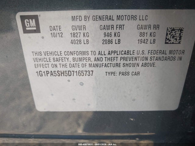 45975531 :رقم المزاد ، 1G1PA5SH5D7165737 vin ، 2013 Chevrolet Cruze Ls Auto مزاد بيع