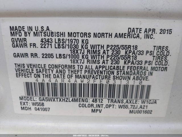 2015 Mitsubishi Outlander Sport Gt მანქანა იყიდება აუქციონზე, vin: 4A4AR4AW2FE031310, აუქციონის ნომერი: 45975532