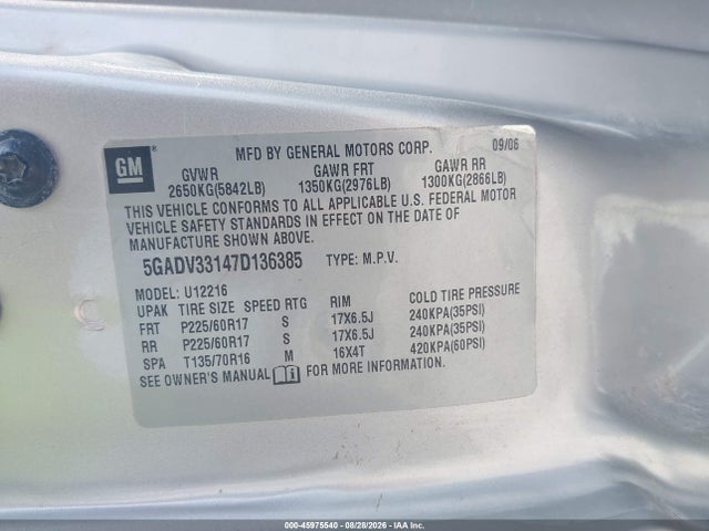 2007 Buick Terraza Cxl მანქანა იყიდება აუქციონზე, vin: 5GADV33147D136385, აუქციონის ნომერი: 45975540