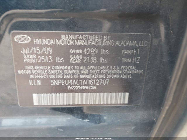 2010 Hyundai Sonata Limited მანქანა იყიდება აუქციონზე, vin: 5NPEU4AC1AH612707, აუქციონის ნომერი: 45975545