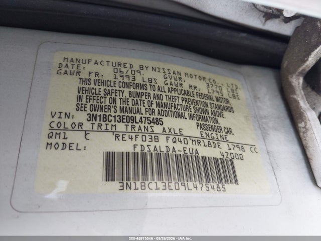 Aukcja sprzedaży 2009 Nissan Versa 1.8s, vin: 3N1BC13E09L475485, numer aukcji: 45975546