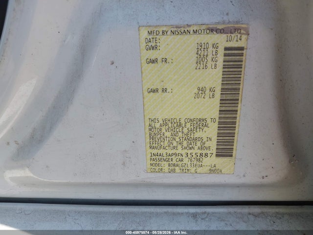 2015 Nissan Altima 2.5 S მანქანა იყიდება აუქციონზე, vin: 1N4AL3AP9FN355887, აუქციონის ნომერი: 45975574