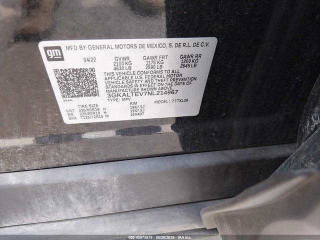 45975578 :رقم المزاد ، 3GKALTEV7NL214967 vin ، 2022 Gmc Terrain Awd Sle مزاد بيع
