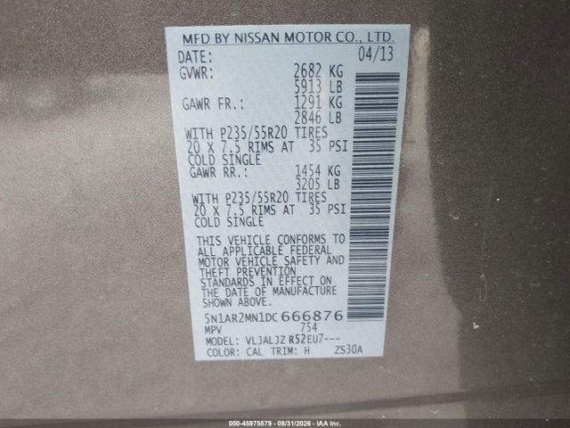 Продаж на аукціоні авто 2013 Nissan Pathfinder Platinum, vin: 5N1AR2MN1DC666876, номер лоту: 45975579