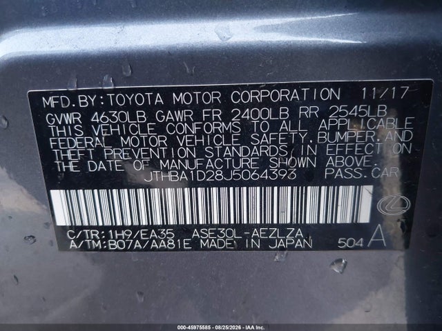 Aukcja sprzedaży 2018 Lexus Is 300, vin: JTHBA1D28J5064393, numer aukcji: 45975585