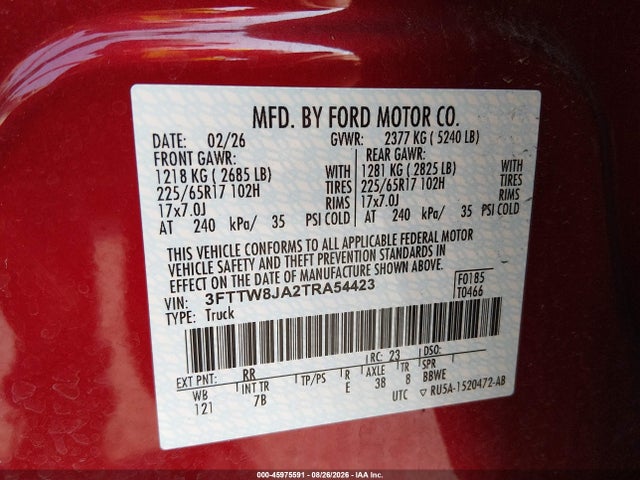 Aukcja sprzedaży 2026 Ford Maverick Xlt, vin: 3FTTW8JA2TRA54423, numer aukcji: 45975591