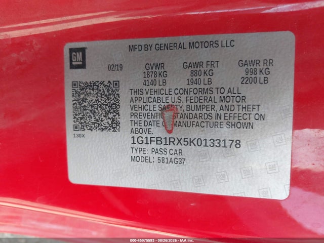 Aukcja sprzedaży 2019 Chevrolet Camaro 1lt, vin: 1G1FB1RX5K0133178, numer aukcji: 45975593
