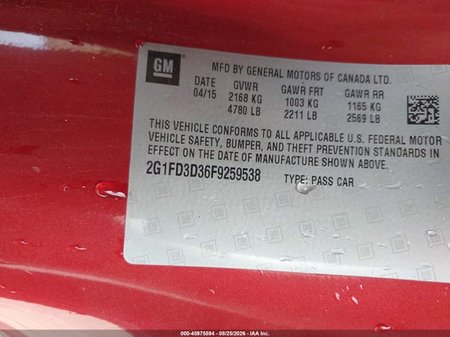 2015 Chevrolet Camaro 1lt მანქანა იყიდება აუქციონზე, vin: 2G1FD3D36F9259538, აუქციონის ნომერი: 45975594