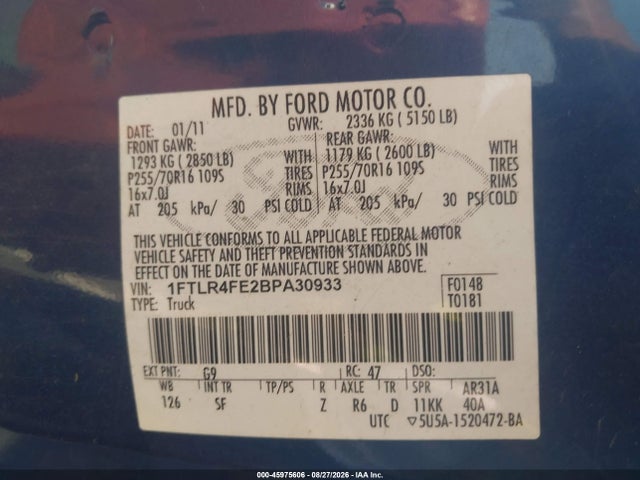 2011 Ford Ranger Sport მანქანა იყიდება აუქციონზე, vin: 1FTLR4FE2BPA30933, აუქციონის ნომერი: 45975606