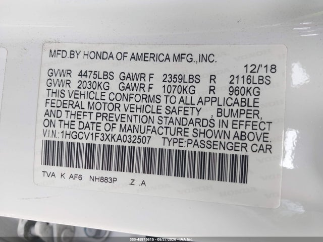 Honda Accord Sport 2019 1HGCV1F3XKA032507 Image 9
