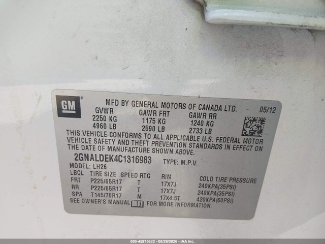 45975622 :رقم المزاد ، 2GNALDEK4C1316983 vin ، 2012 Chevrolet Equinox 1lt مزاد بيع