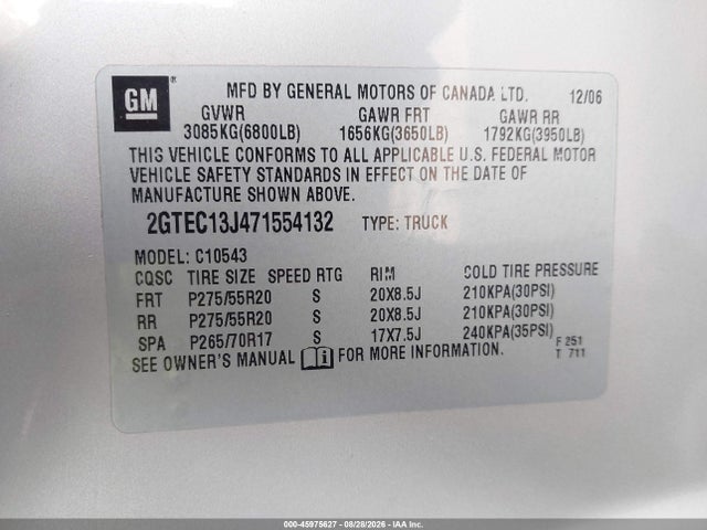 45975627 :رقم المزاد ، 2GTEC13J471554132 vin ، 2007 Gmc Sierra 1500 Sle2 مزاد بيع