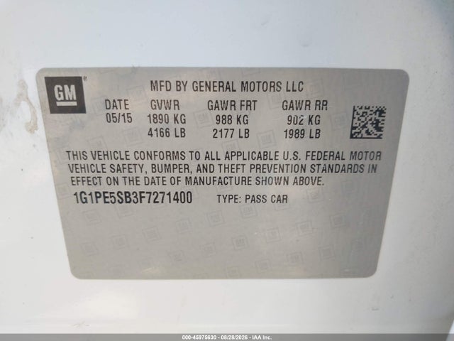45975630 :رقم المزاد ، 1G1PE5SB3F7271400 vin ، 2015 Chevrolet Cruze 2lt Auto مزاد بيع