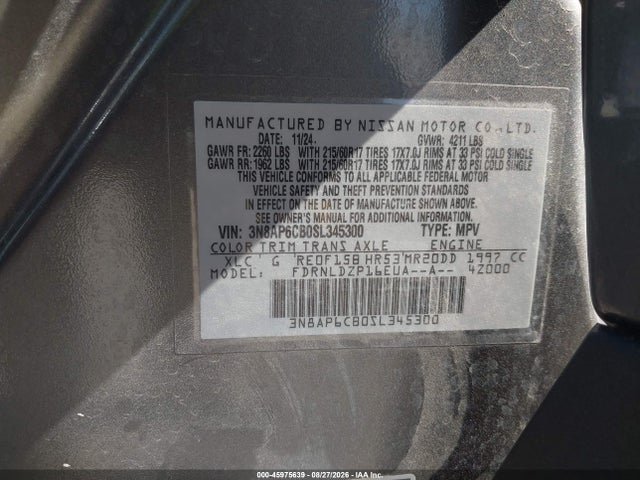 Продажа на аукционе авто 2025 Nissan Kicks Sv Intelligent Awd, vin: 3N8AP6CB0SL345300, номер лота: 45975639