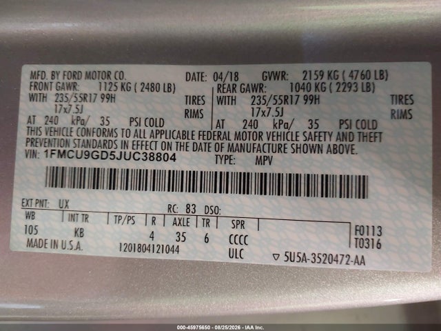 Ford ESCAPE SE 2018 1FMCU9GD5JUC38804 Image 9