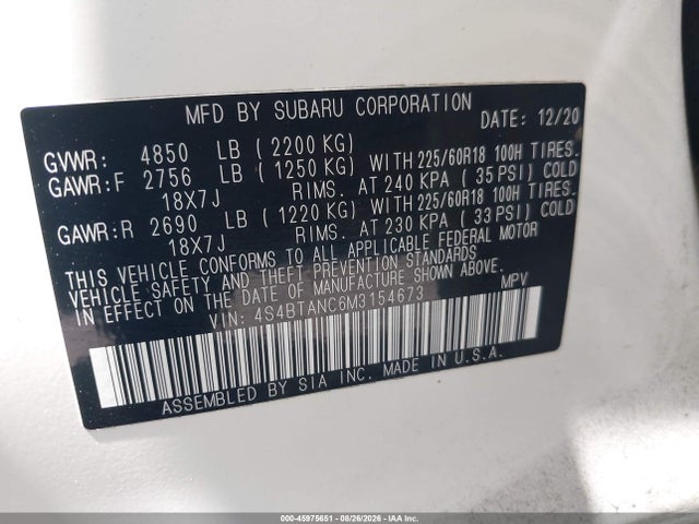 Продаж на аукціоні авто 2021 Subaru Outback Limited, vin: 4S4BTANC6M3154673, номер лоту: 45975651