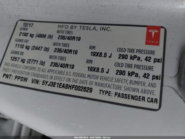 Продаж на аукціоні авто 2017 Tesla Model 3 Long Range/standard, vin: 5YJ3E1EA8HF002629, номер лоту: 45975675