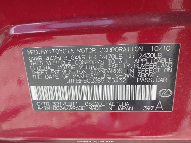 Aukcja sprzedaży 2011 Lexus Is 250, vin: JTHBF5C23B5135432, numer aukcji: 45975684