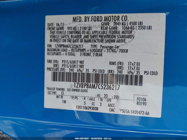 45975687 :رقم المزاد ، 1ZVBP8AM7C5236217 vin ، 2012 Ford Mustang V6 مزاد بيع