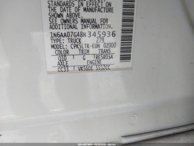 Продаж на аукціоні авто 2008 Nissan Titan Xe, vin: 1N6AA07G48N345936, номер лоту: 45975693