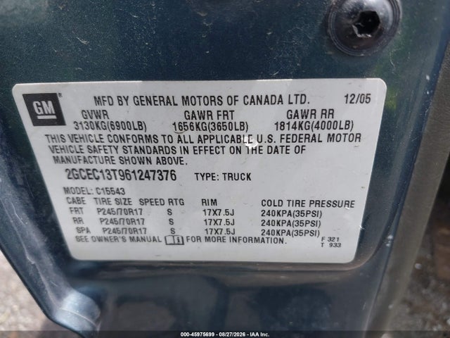 2006 Chevrolet Silverado 1500 Lt1 მანქანა იყიდება აუქციონზე, vin: 2GCEC13T961247376, აუქციონის ნომერი: 45975699