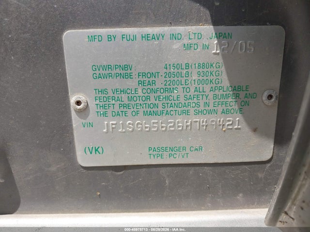 Продаж на аукціоні авто 2006 Subaru Forester 2.5x, vin: JF1SG65626H749421, номер лоту: 45975713