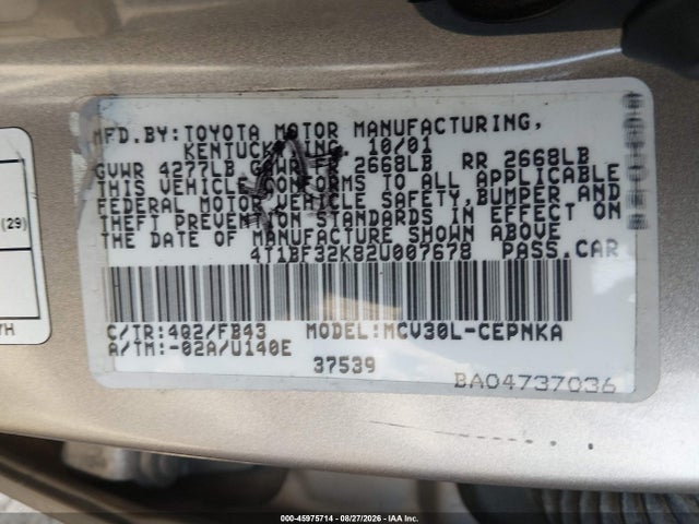 45975714 :رقم المزاد ، 4T1BF32K82U007678 vin ، 2002 Toyota Camry Le V6 مزاد بيع