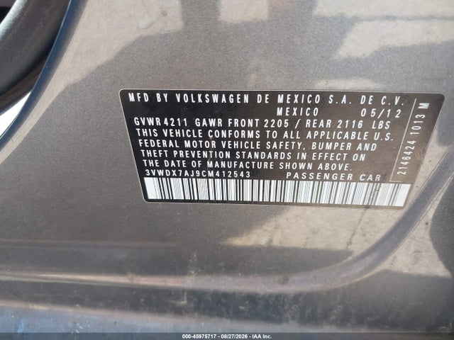 Aukcja sprzedaży 2012 Volkswagen Jetta 2.5l Se, vin: 3VWDX7AJ9CM412543, numer aukcji: 45975717