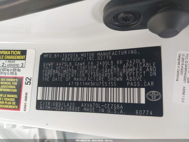 2019 Toyota Camry Xle მანქანა იყიდება აუქციონზე, vin: 4T1B11HK9KU755155, აუქციონის ნომერი: 45975726