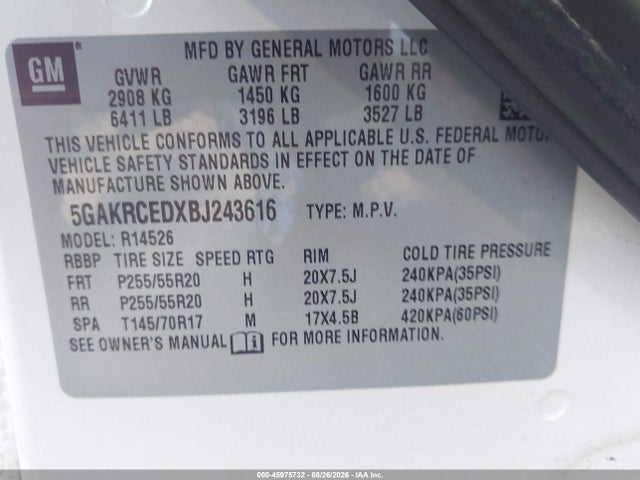 2011 Buick Enclave 2xl მანქანა იყიდება აუქციონზე, vin: 5GAKRCEDXBJ243616, აუქციონის ნომერი: 45975732