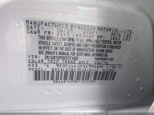 45975733 :رقم المزاد ، 3N1AB7AP0KY371402 vin ، 2019 Nissan Sentra Sv مزاد بيع