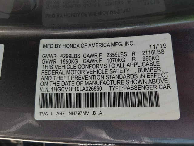 2020 Honda Accord Lx მანქანა იყიდება აუქციონზე, vin: 1HGCV1F10LA026960, აუქციონის ნომერი: 45975734