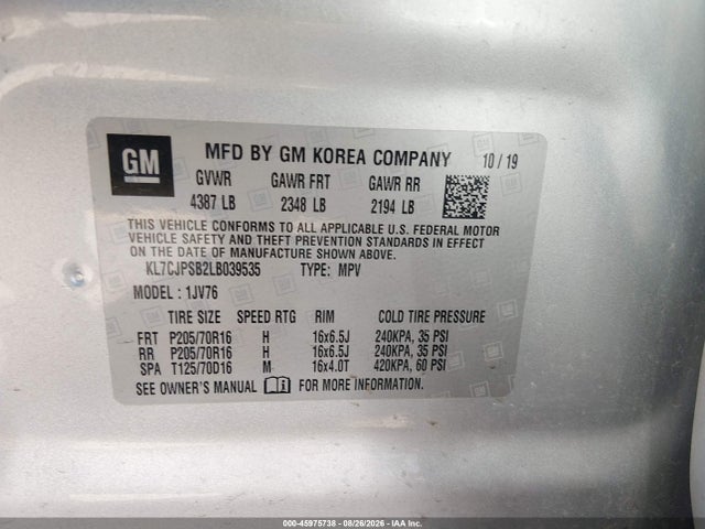 2020 Chevrolet Trax Awd Lt მანქანა იყიდება აუქციონზე, vin: KL7CJPSB2LB039535, აუქციონის ნომერი: 45975738