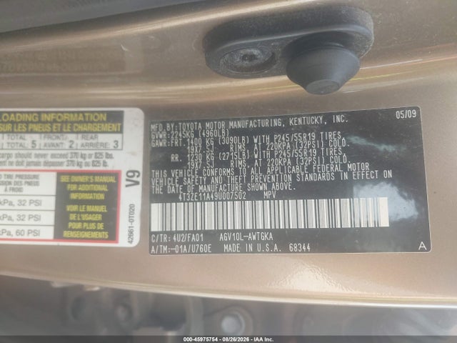 Aukcja sprzedaży 2009 Toyota Venza, vin: 4T3ZE11A49U007502, numer aukcji: 45975754