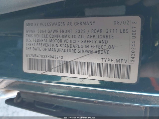45975761 :رقم المزاد ، WV2MB47033H043943 vin ، 2003 Volkswagen Eurovan Mv مزاد بيع