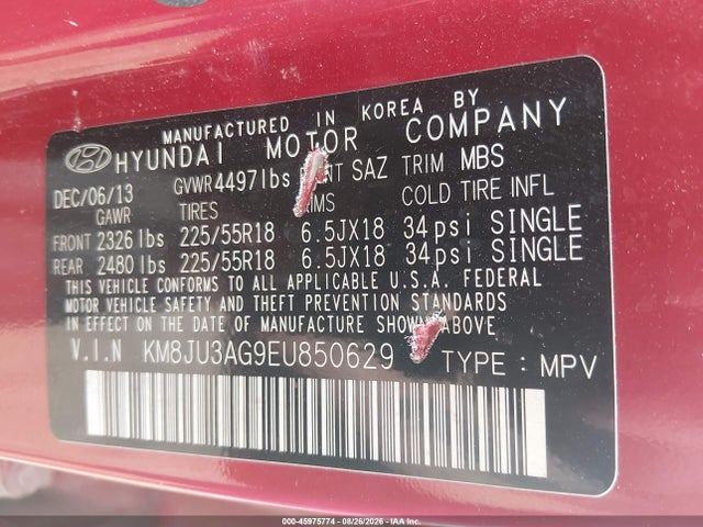 Продажа на аукционе авто 2014 Hyundai Tucson Limited, vin: KM8JU3AG9EU850629, номер лота: 45975774